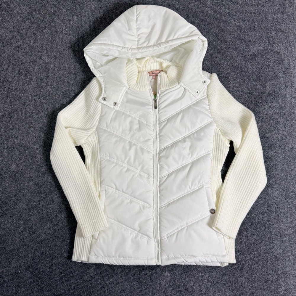 Miss Ashley Petite White Quilted Puffer Jacket Ribbed Knit Sleeves Hooded PL